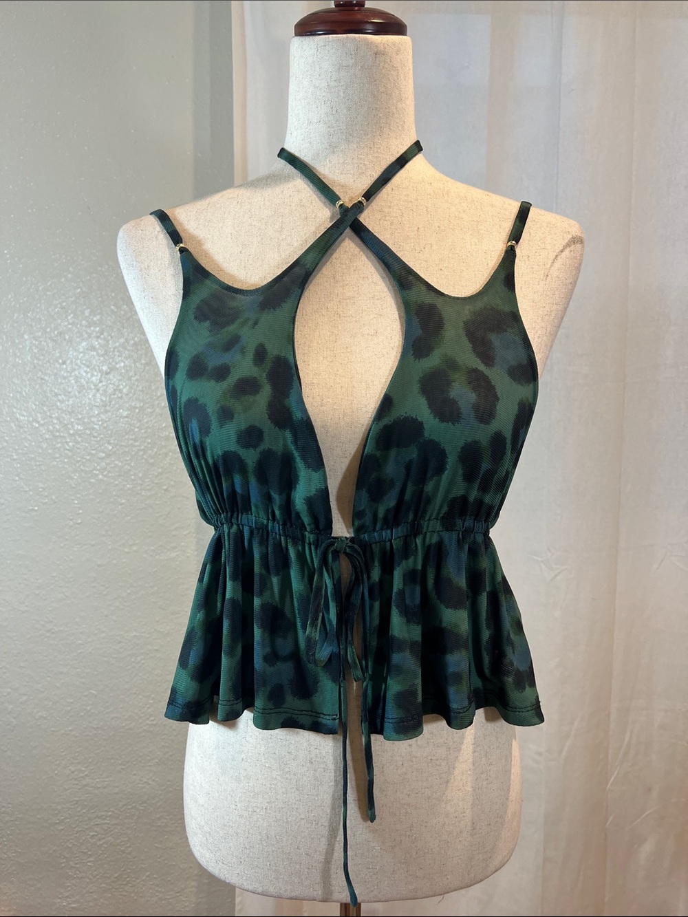 Kourt Jungle Mesh Halter Backless Peplum Top. Size S. NWOT.